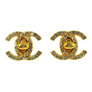 Chanel CC Turnlock Rhinestone Earrings Clip-On Gold Small 96A XX40609